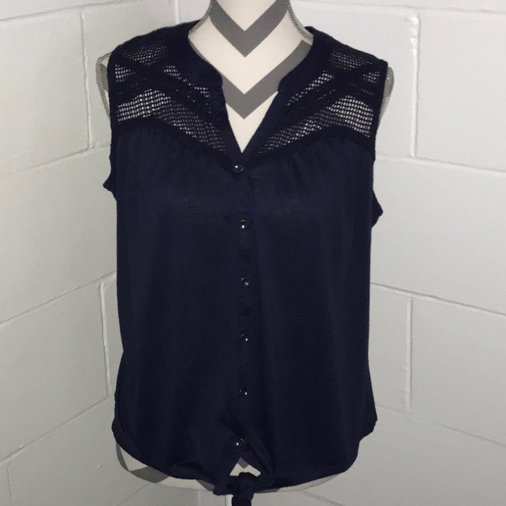 CATO BLUE CROCHET AND TIE SLEEVELESS BLOUSE, 18/20